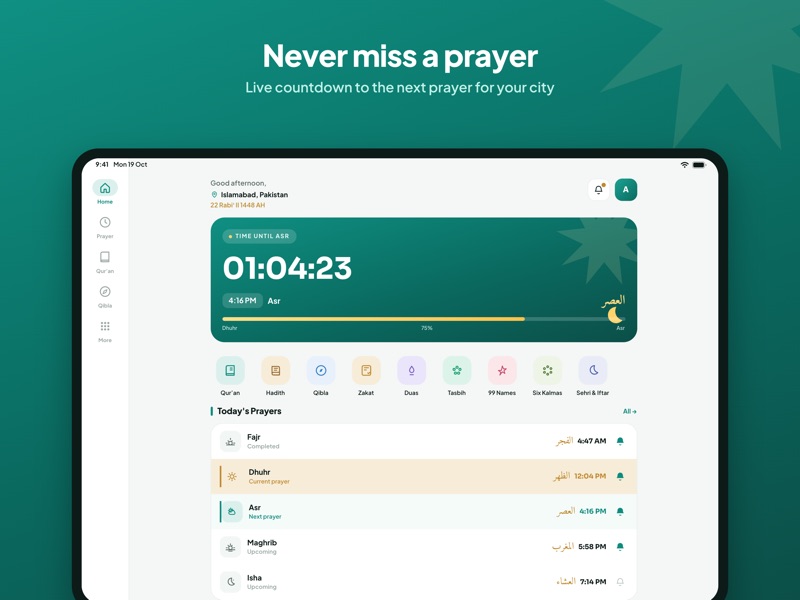 Deen Life: Prayer Times, Qibla on iPad screenshot 1