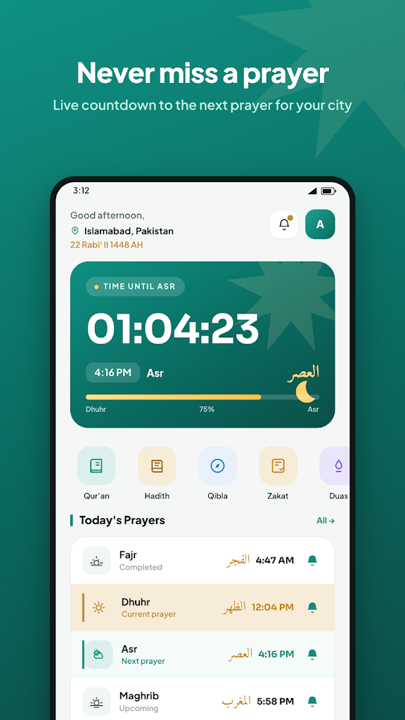 Deen Life: Prayer Times, Qibla on Android screenshot 1